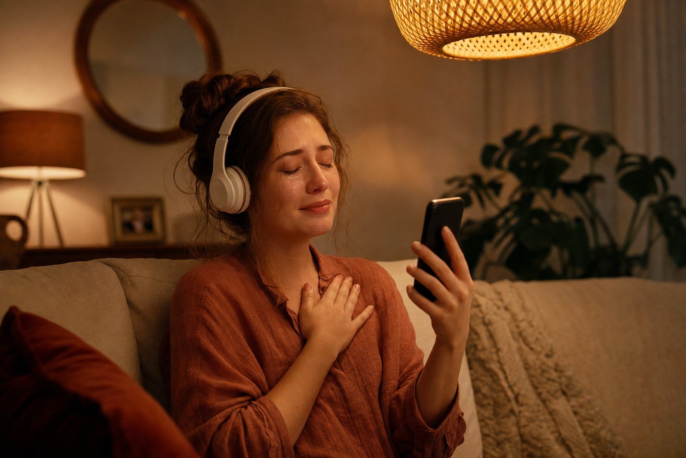 A moved couple listening to a custom song together on headphones