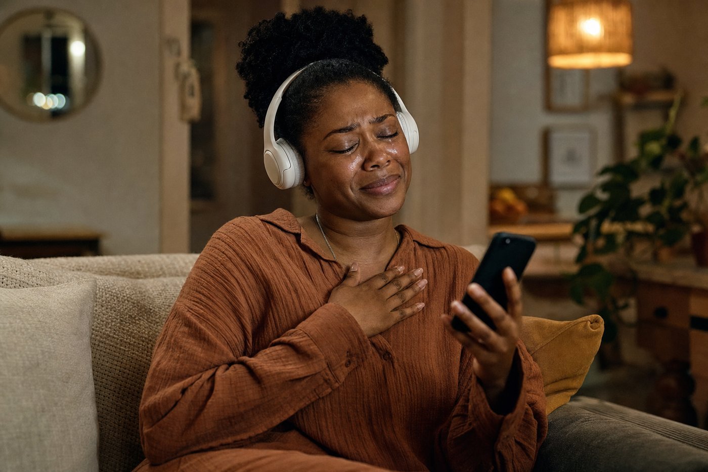 A moved couple listening to a custom song together on headphones