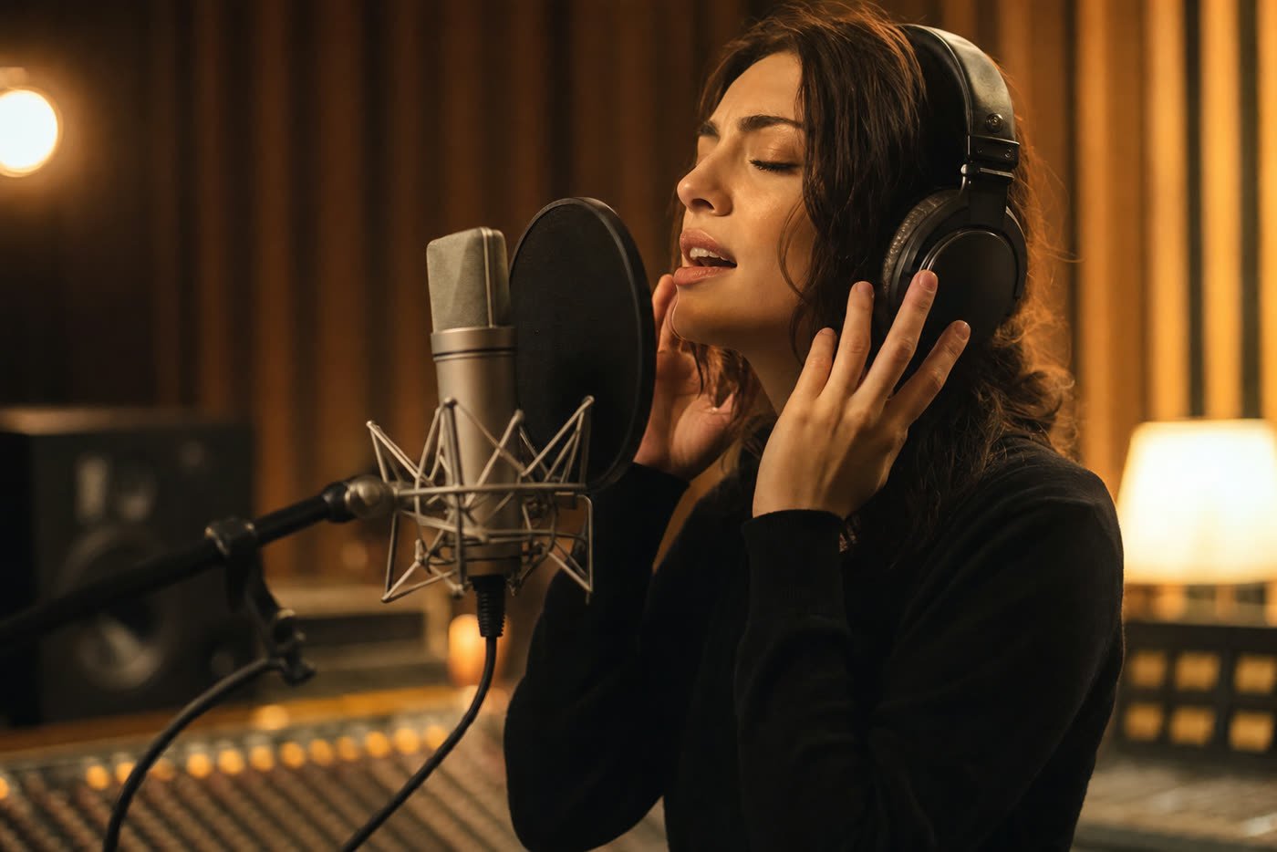 A singer recording a song in a warm studio